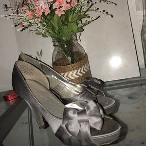 Silver Satin Gray Pumps with Bow